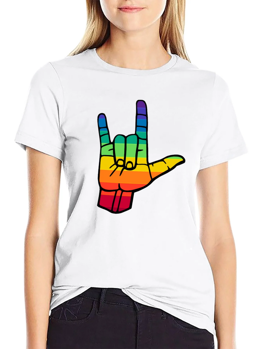 Rainbow I Love You Hand Sign Black T-Shirt product image 8