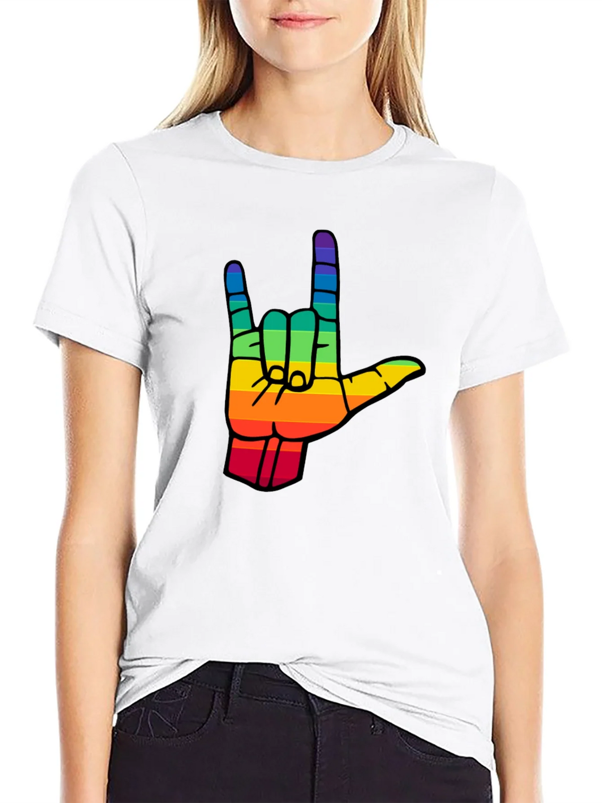 Rainbow I Love You Hand Sign Black T-Shirt product image 8