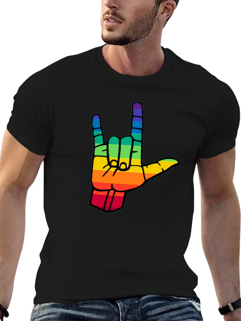 Rainbow I Love You Hand Sign Black T-Shirt product image 6