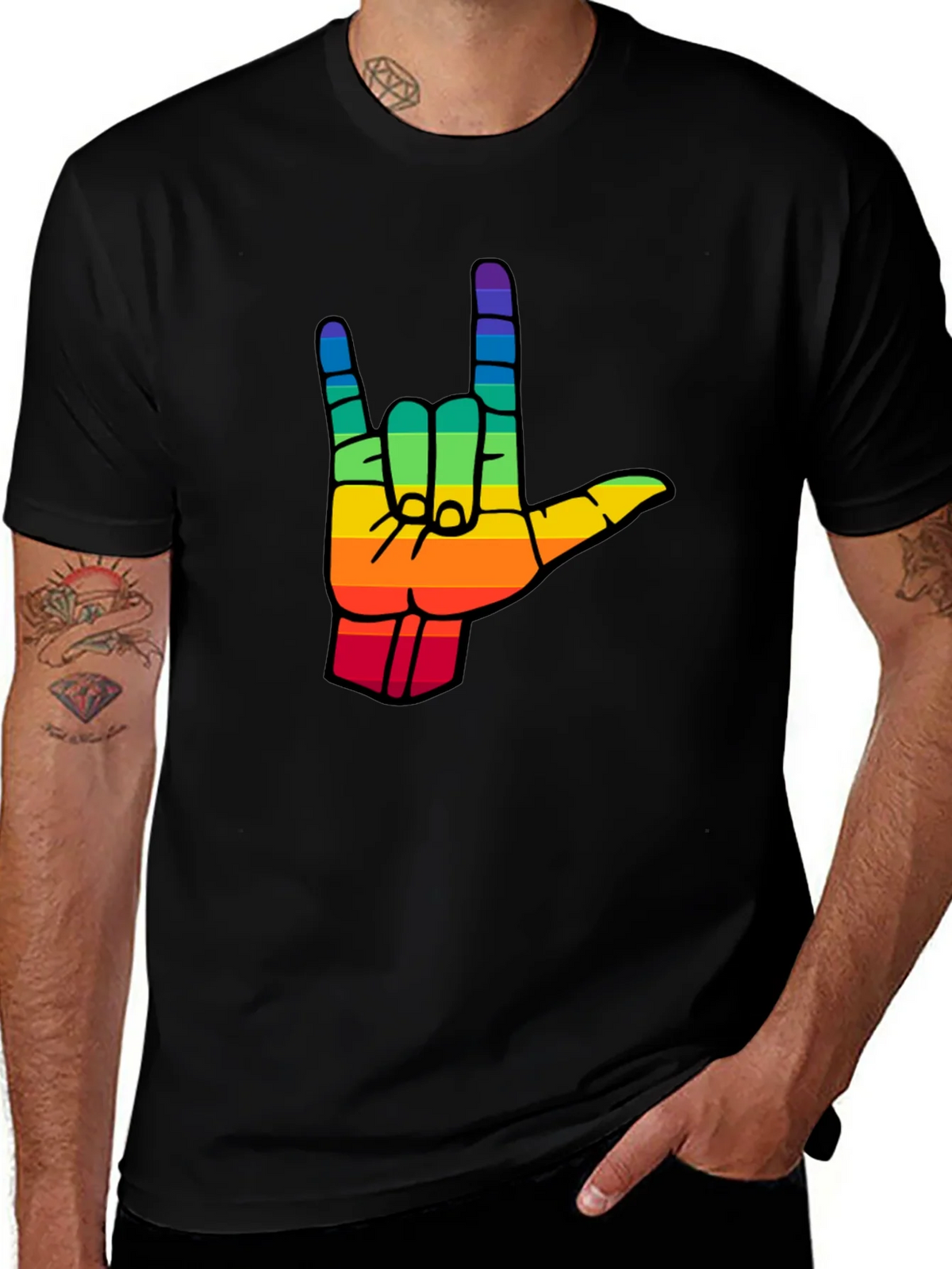 Rainbow I Love You Hand Sign Black T-Shirt product image 1