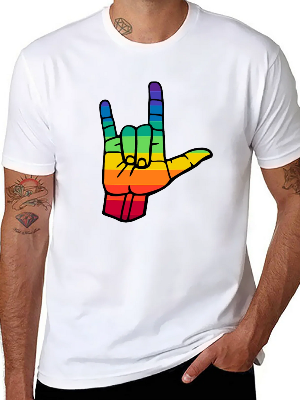 Rainbow I Love You Hand Sign Black T-Shirt product image 7