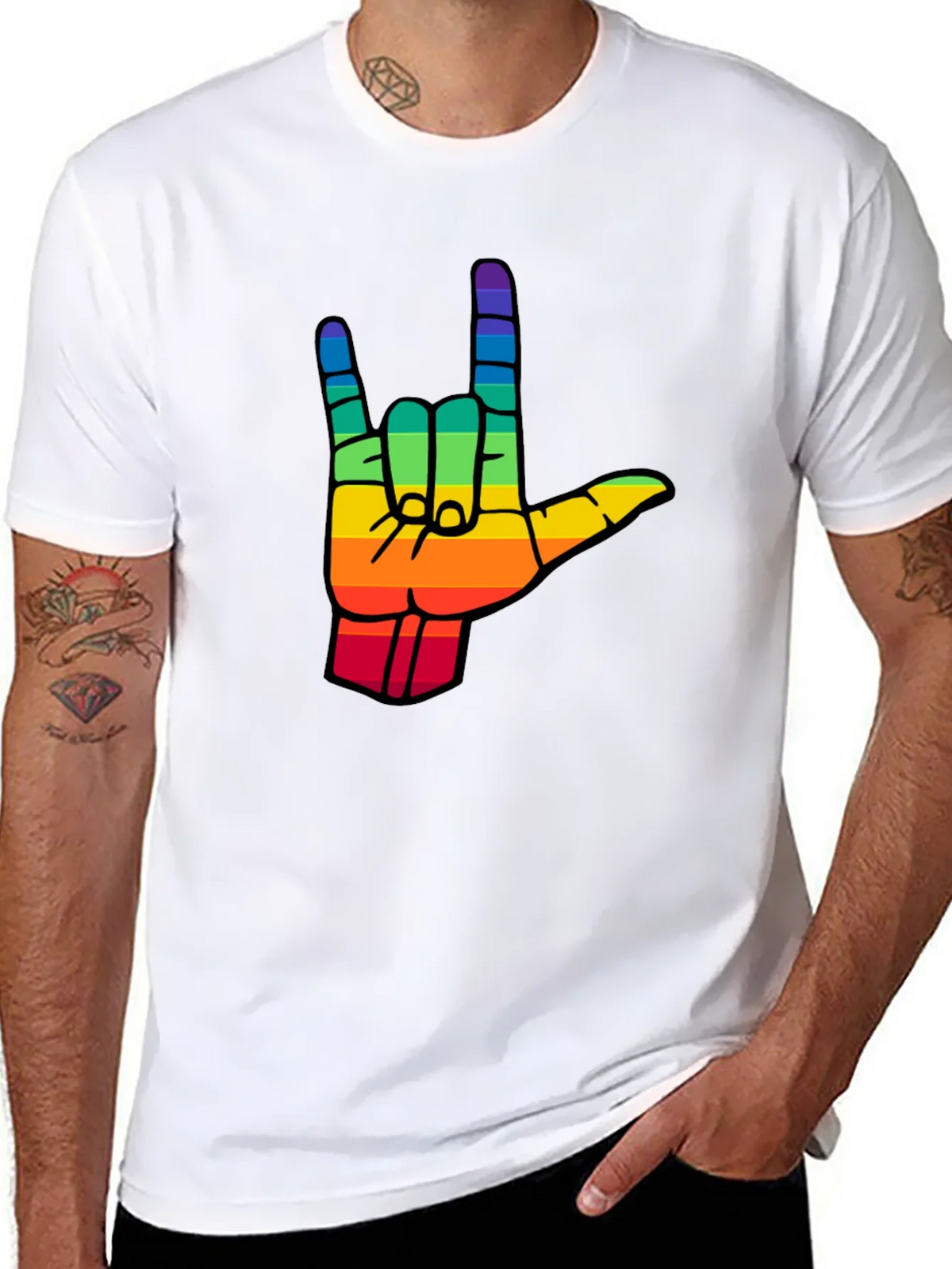 Rainbow I Love You Hand Sign Black T-Shirt product image 7