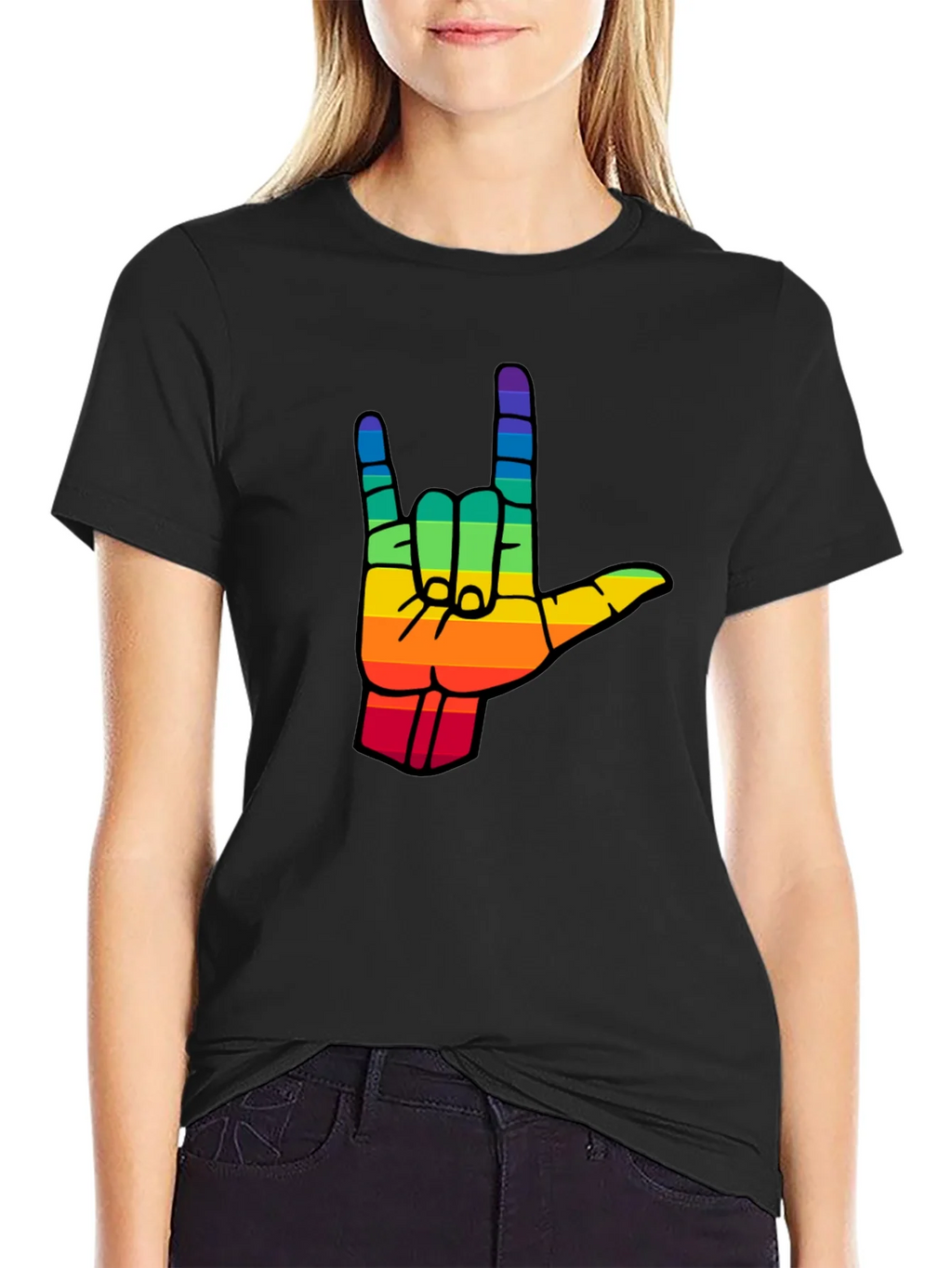 Rainbow I Love You Hand Sign Black T-Shirt product image 2