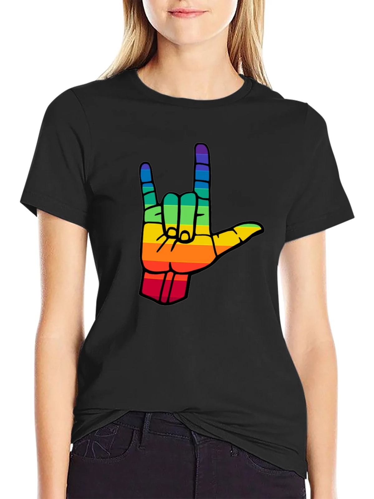 Rainbow I Love You Hand Sign Black T-Shirt product image 2