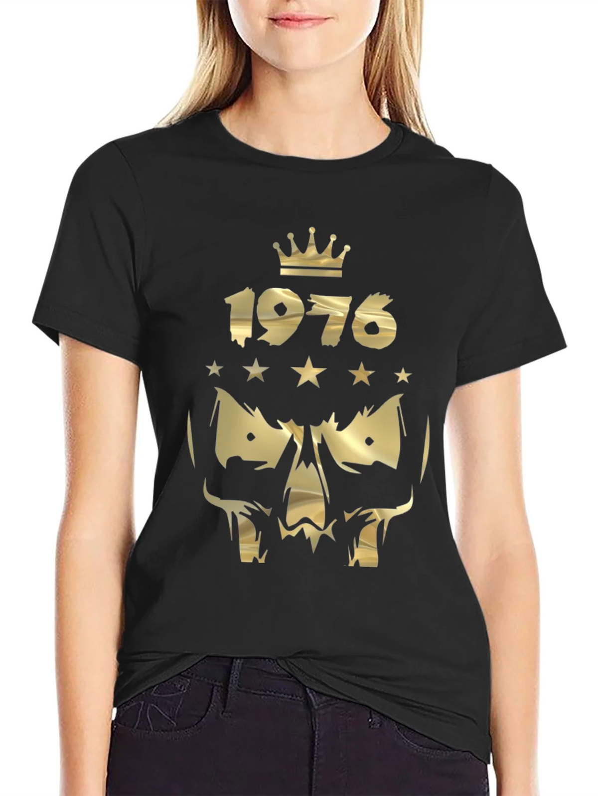 Gold 1976 Crown Skull Graphic Black T-Shirt product image 2