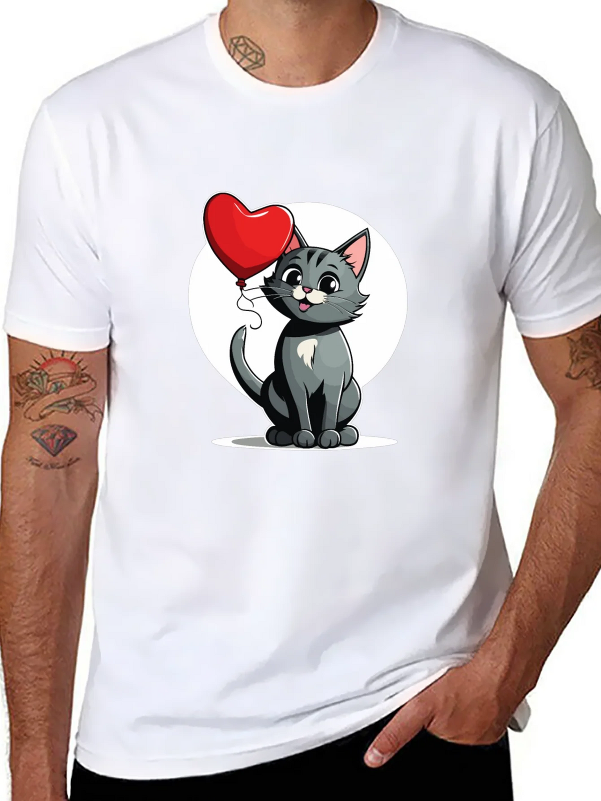 Cute Cartoon Cat with Heart Balloon T-Shirt product image 7