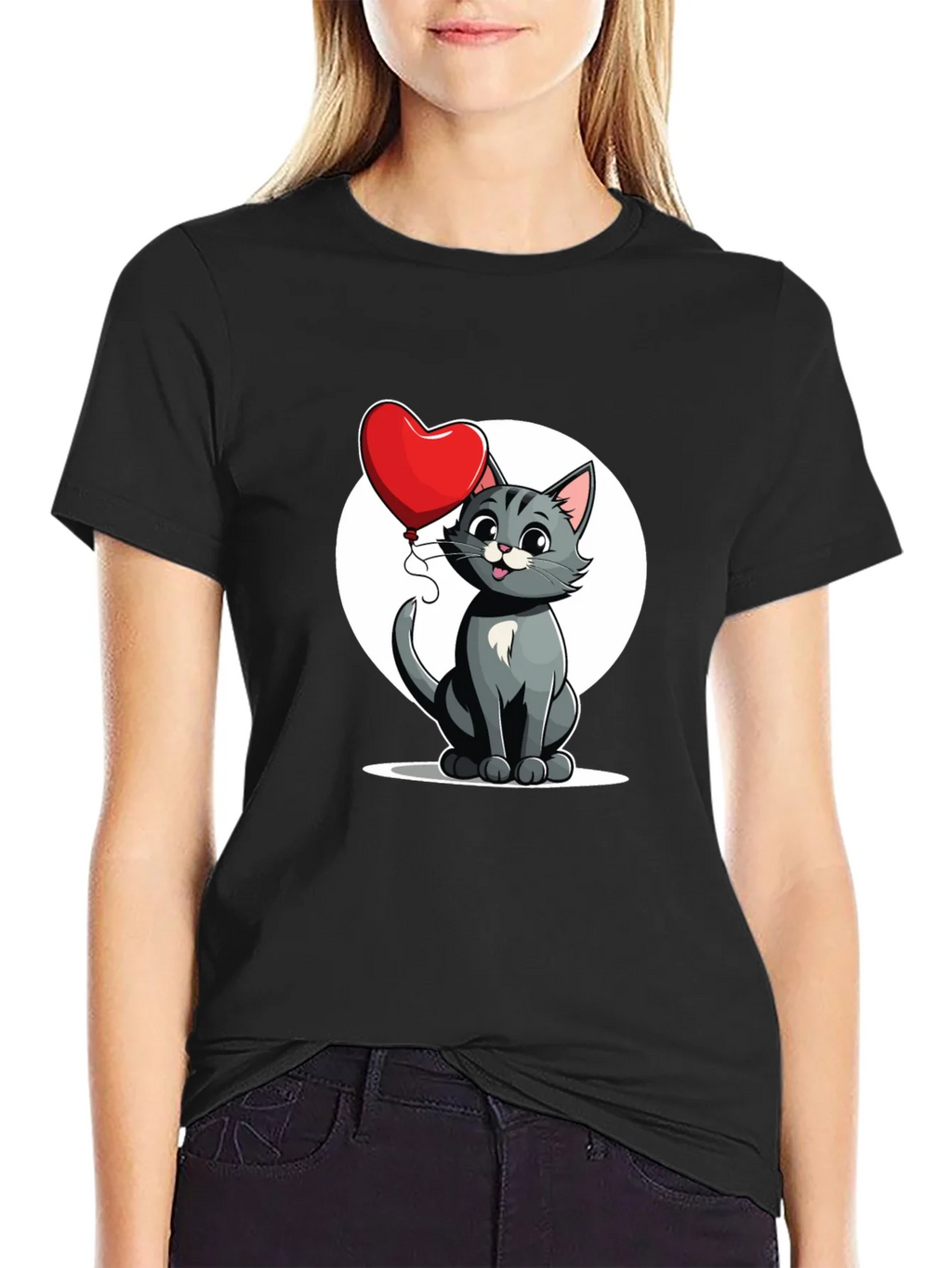 Cute Cartoon Cat with Heart Balloon T-Shirt product image 2