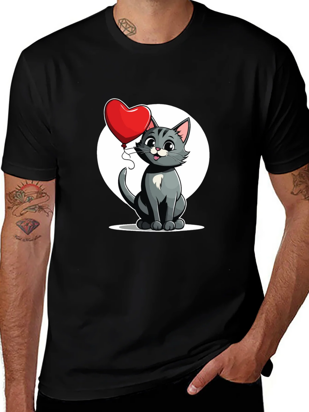 Cute Cartoon Cat with Heart Balloon T-Shirt product image 1