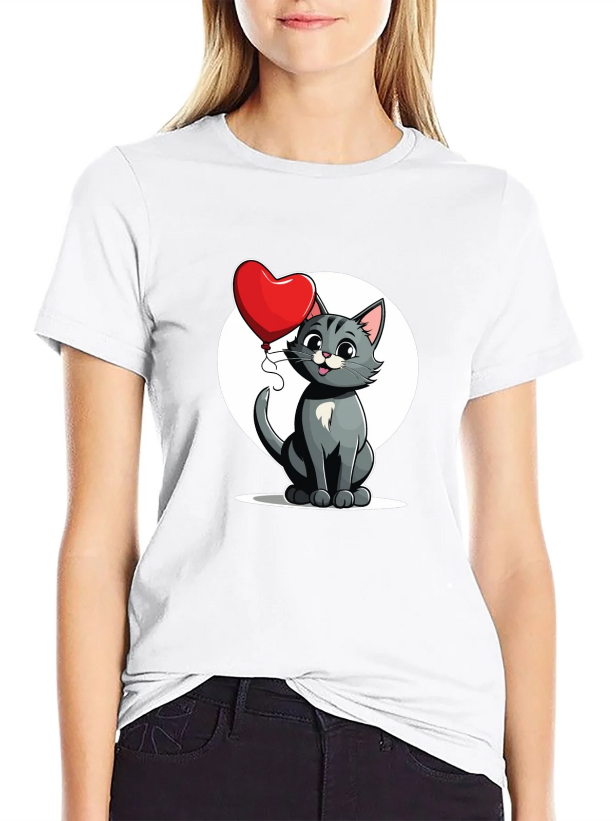 Cute Cartoon Cat with Heart Balloon T-Shirt product image 8