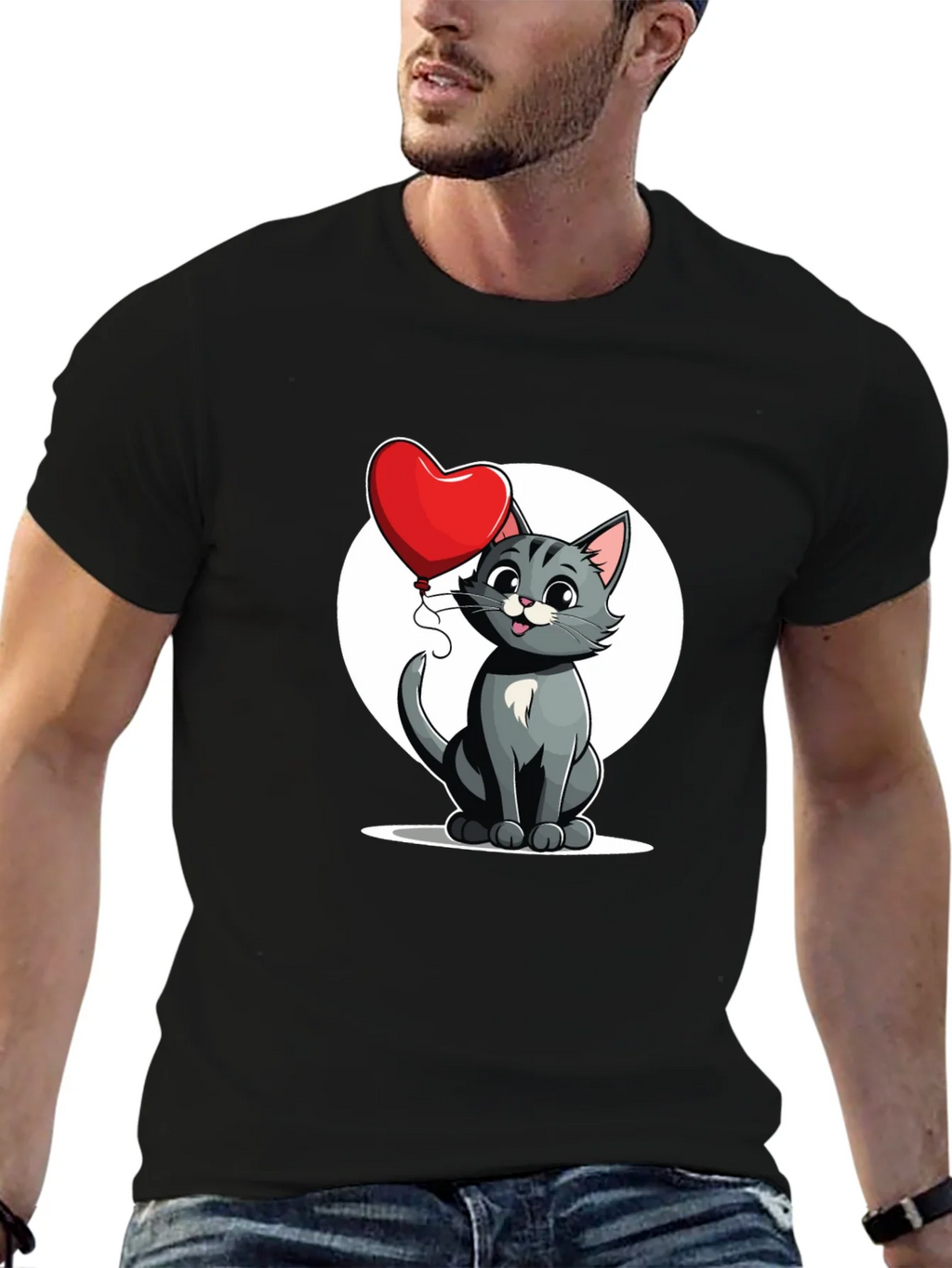 Cute Cartoon Cat with Heart Balloon T-Shirt product image 6