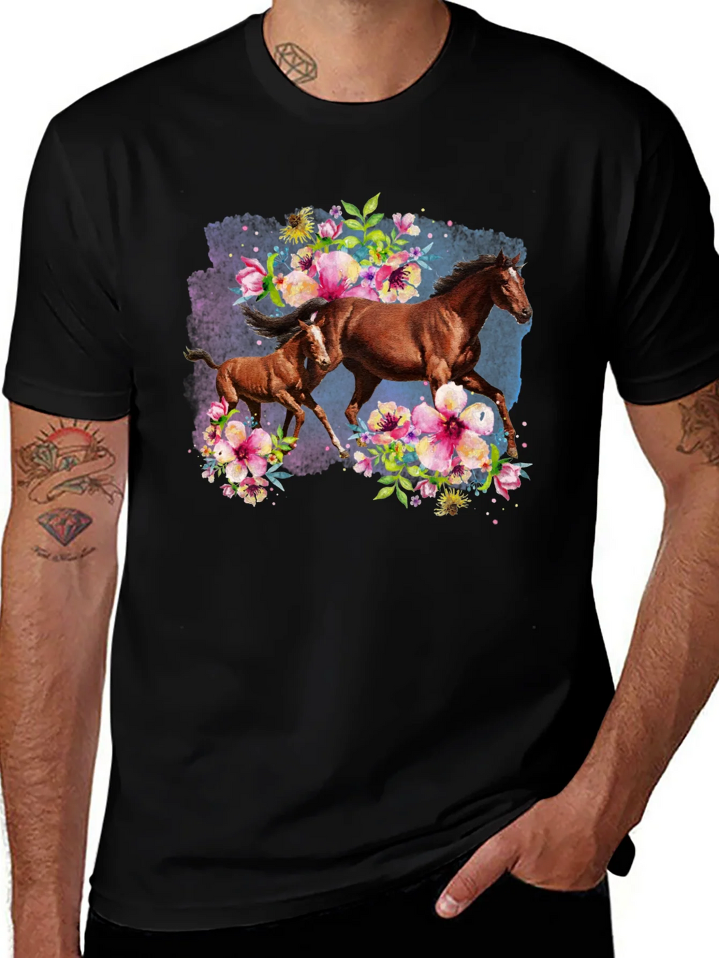 Horse & Floral Black T-Shirt product image 1