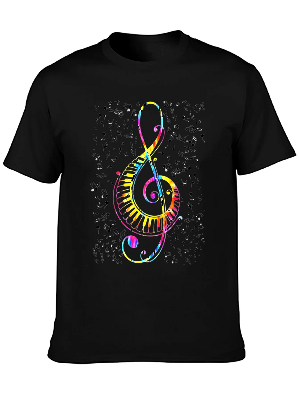 Colorful Treble Clef & Piano Keys Black T-Shirt product image 3