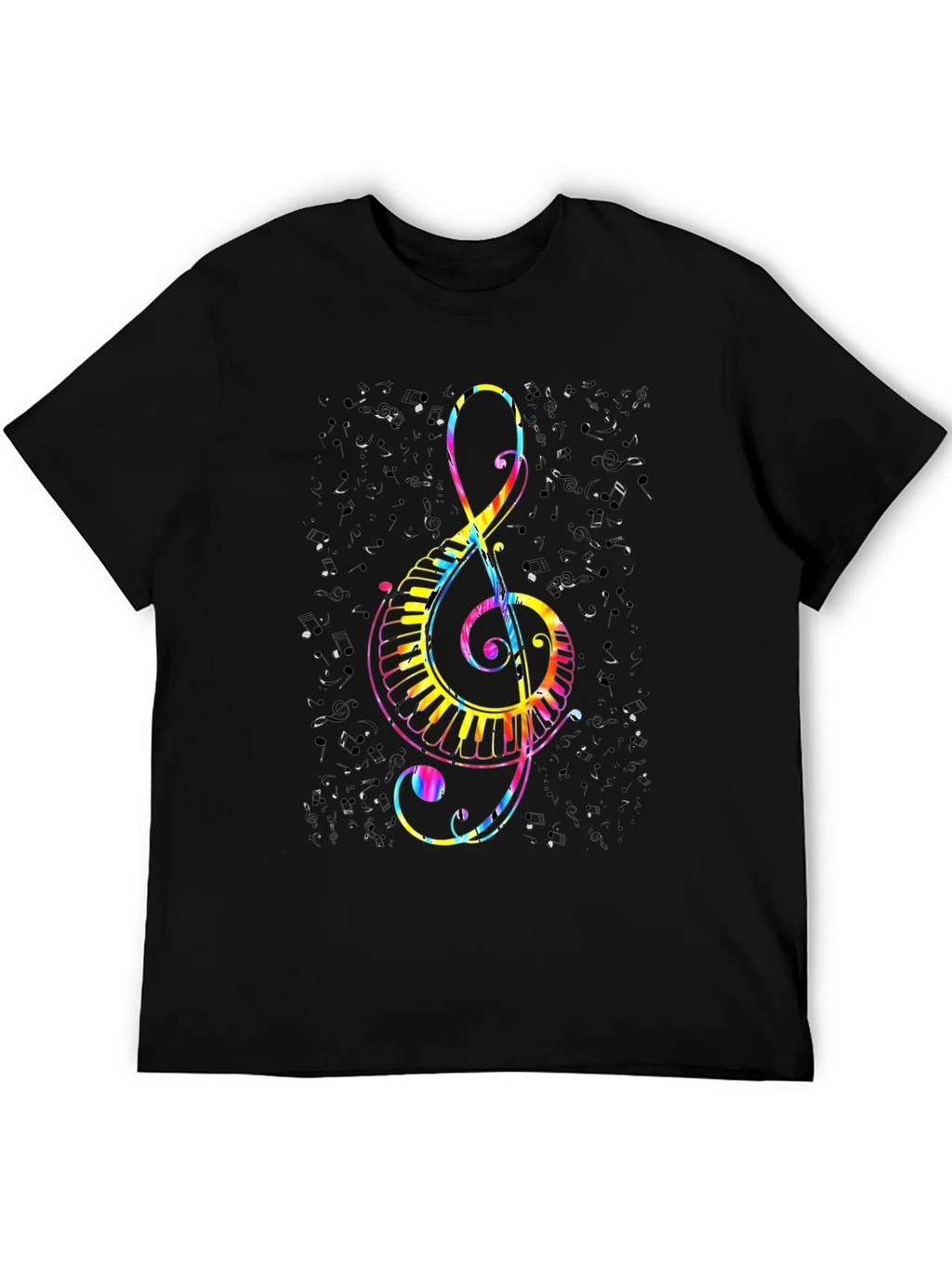 Colorful Treble Clef & Piano Keys Black T-Shirt product image 5
