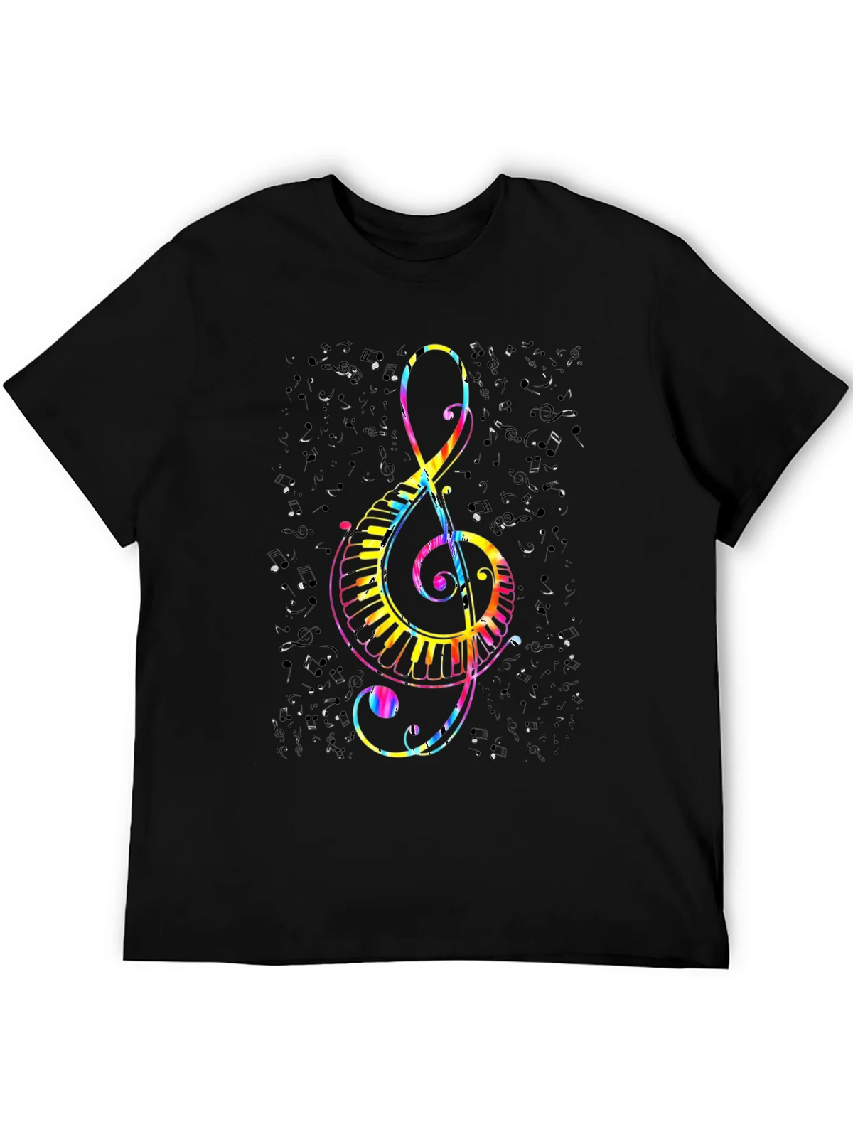 Colorful Treble Clef & Piano Keys Black T-Shirt product image 5