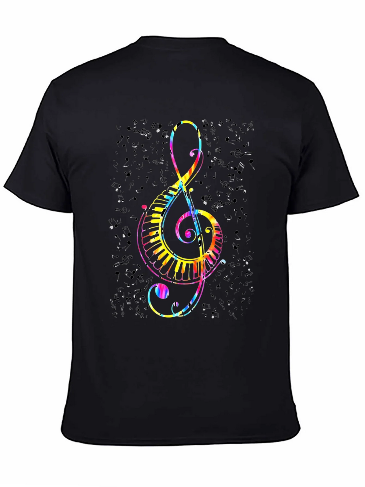 Colorful Treble Clef & Piano Keys Black T-Shirt product image 4
