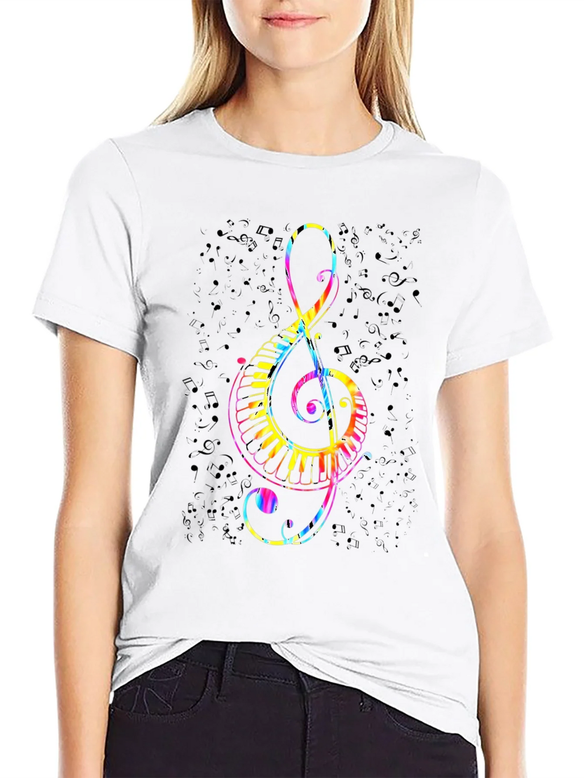Colorful Treble Clef & Piano Keys Black T-Shirt product image 8
