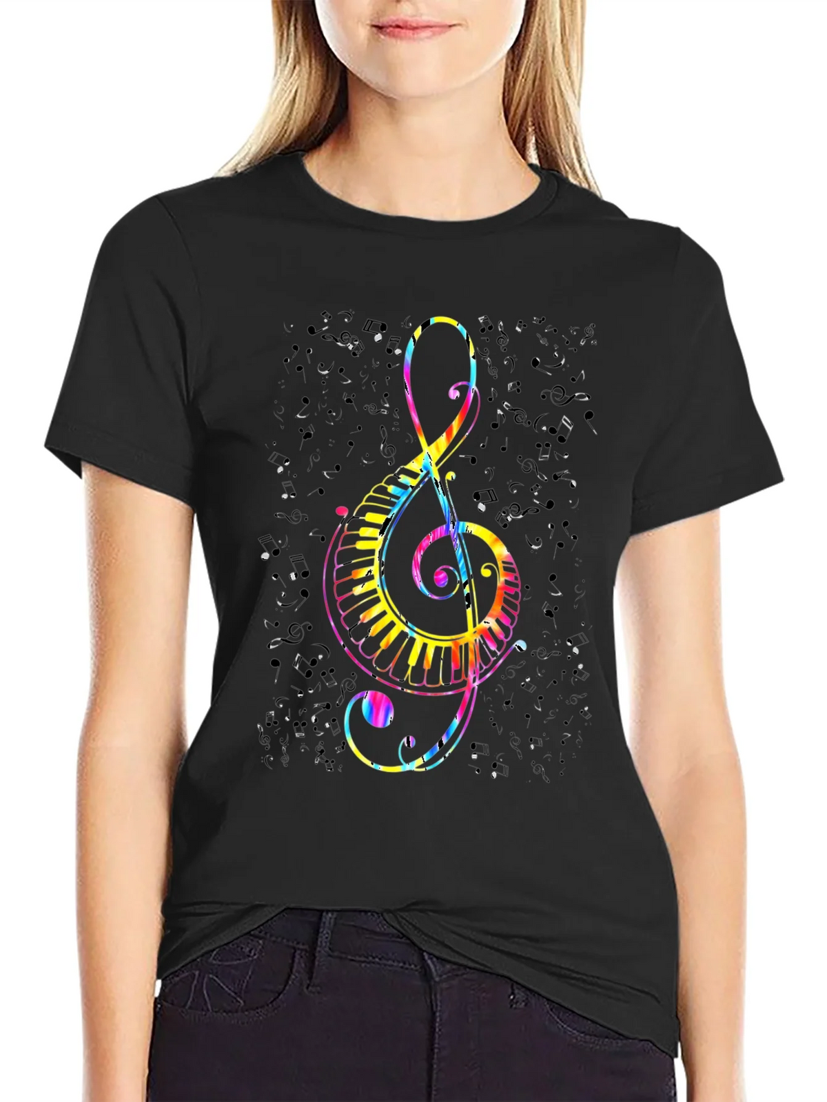 Colorful Treble Clef & Piano Keys Black T-Shirt product image 2