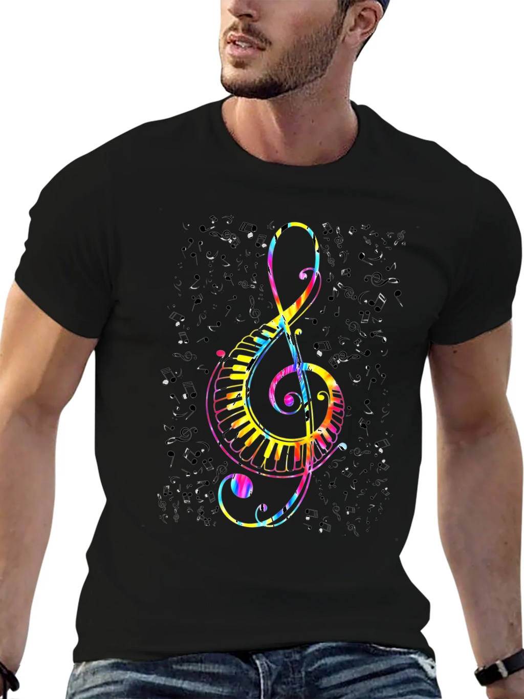 Colorful Treble Clef & Piano Keys Black T-Shirt product image 6