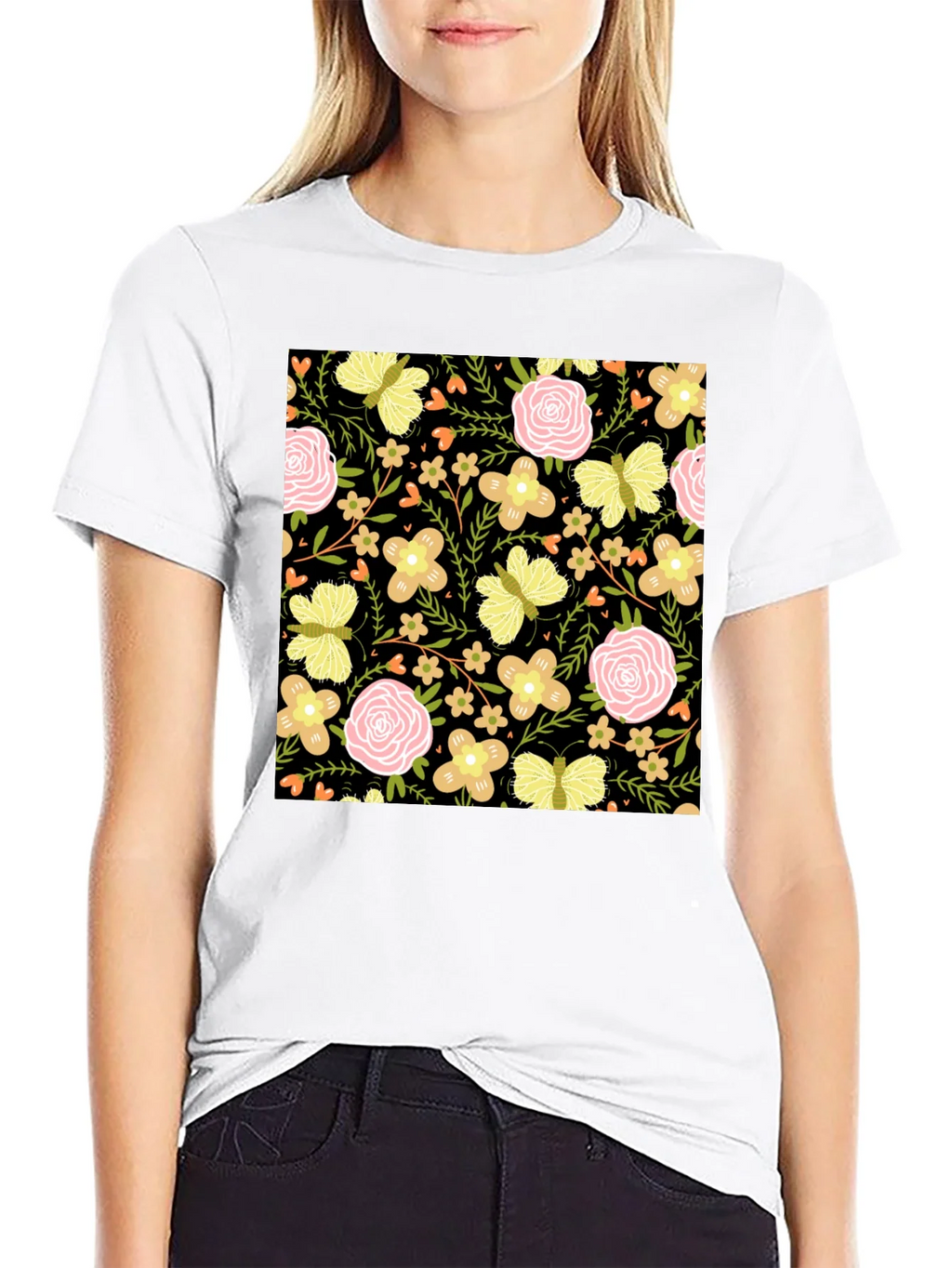 Floral & Butterfly Print Black T-Shirt product image 8