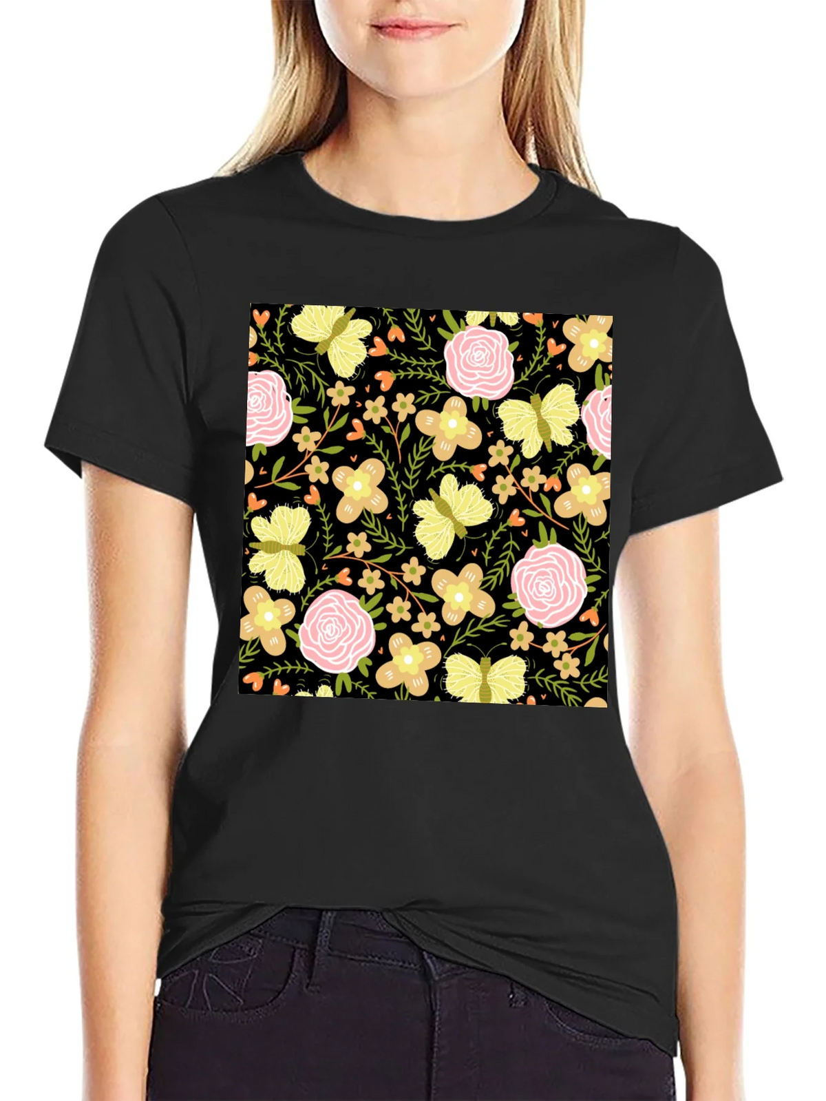 Floral & Butterfly Print Black T-Shirt product image 2