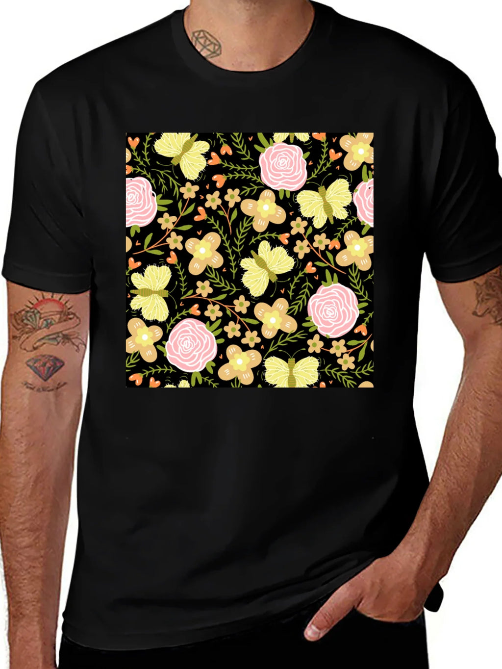 Floral & Butterfly Print Black T-Shirt product image 1