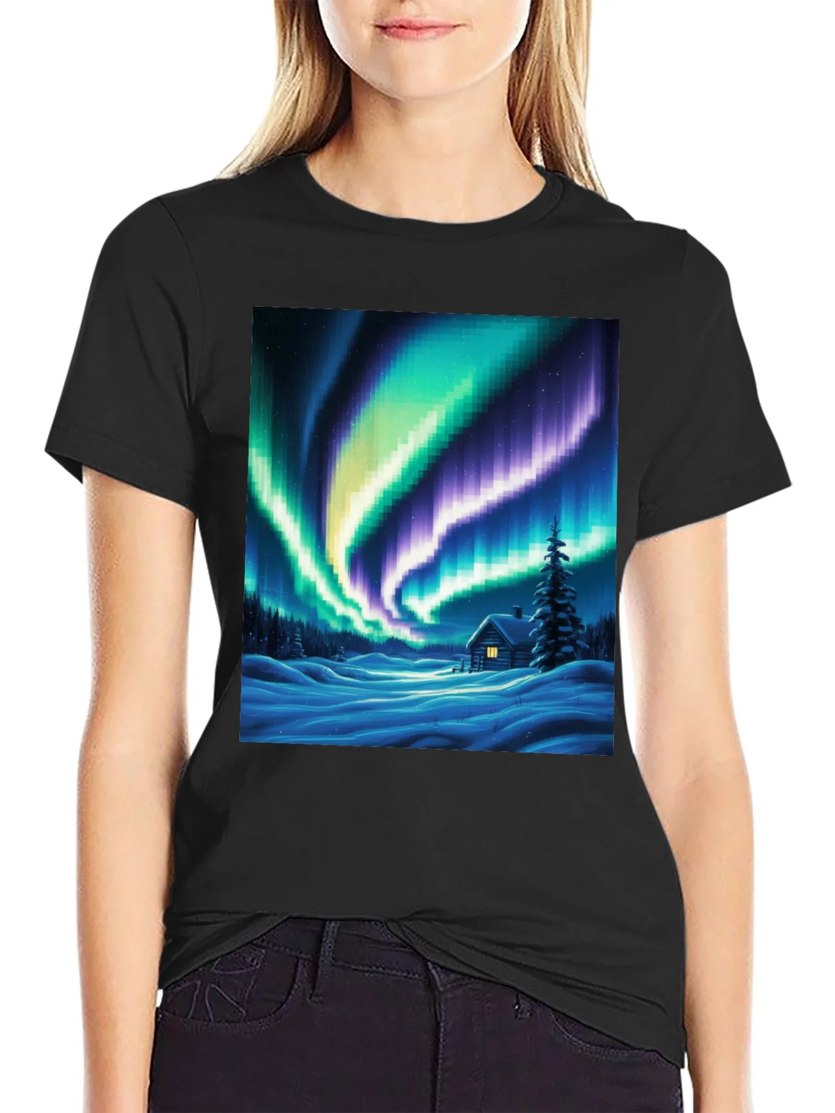 Aurora Cabin T-Shirt: Winter Night Scene product image 2