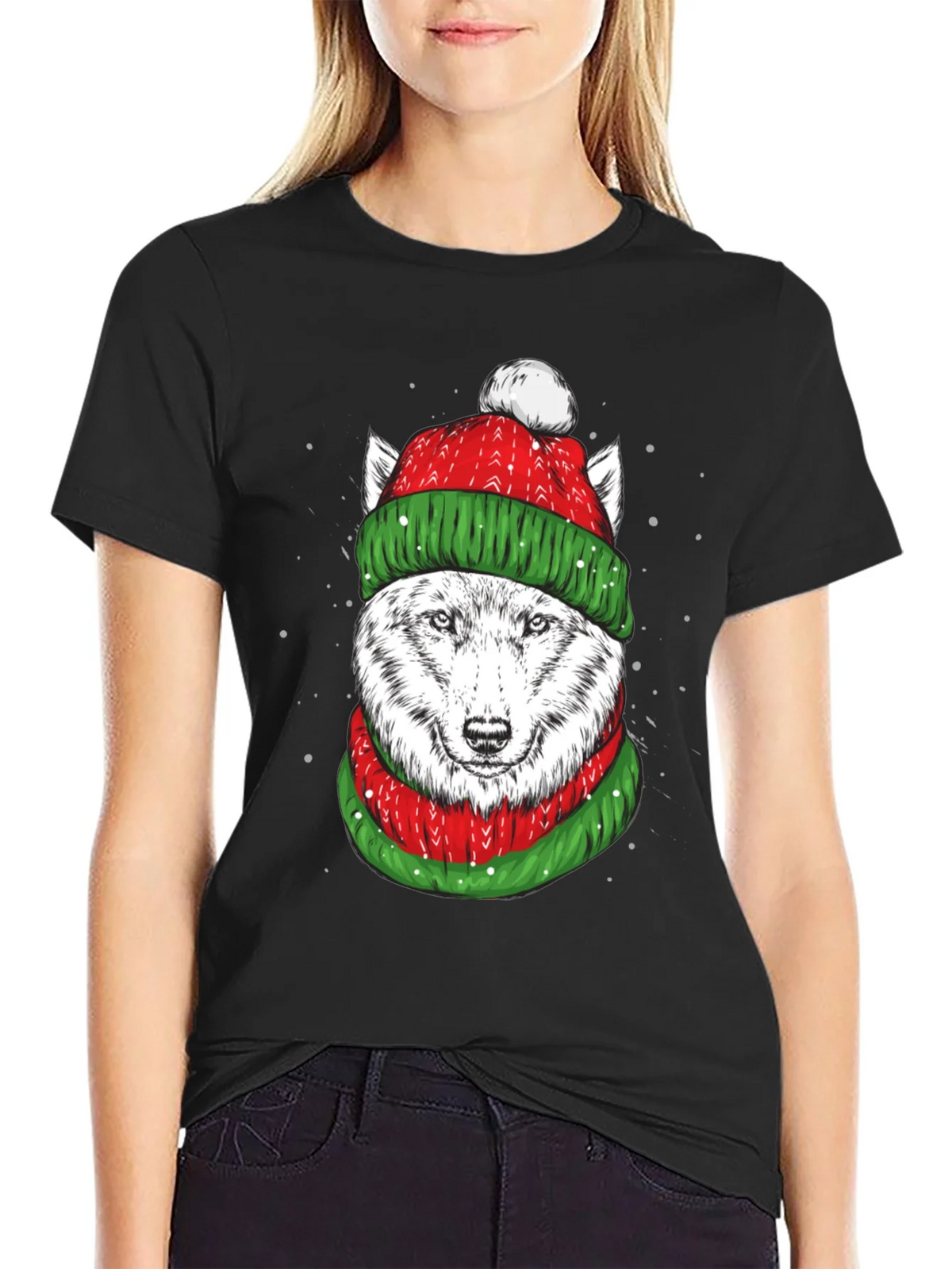 Festive Wolf Graphic Tee - Holiday Apparel