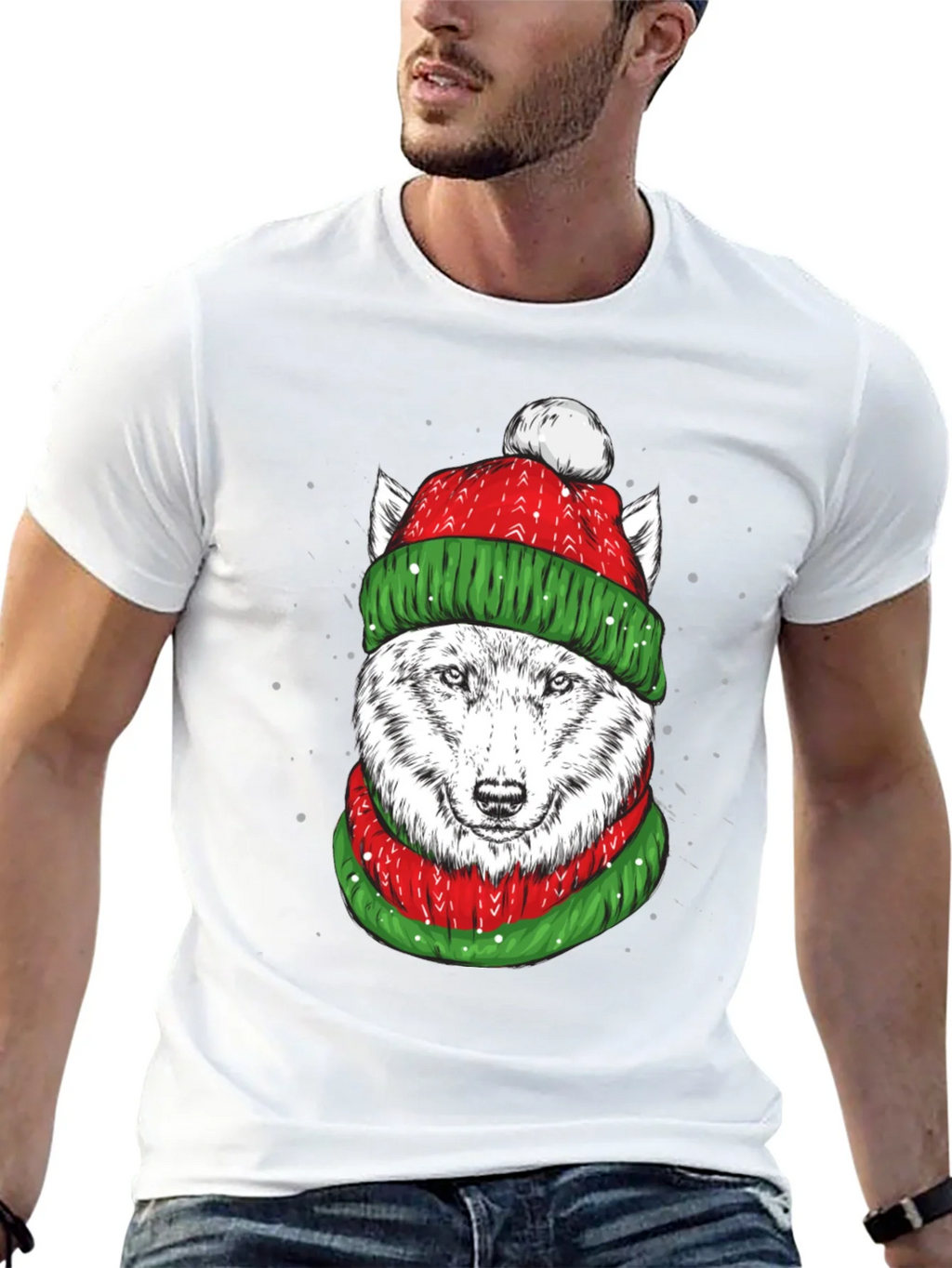 Festive Wolf Graphic Tee - Holiday Apparel