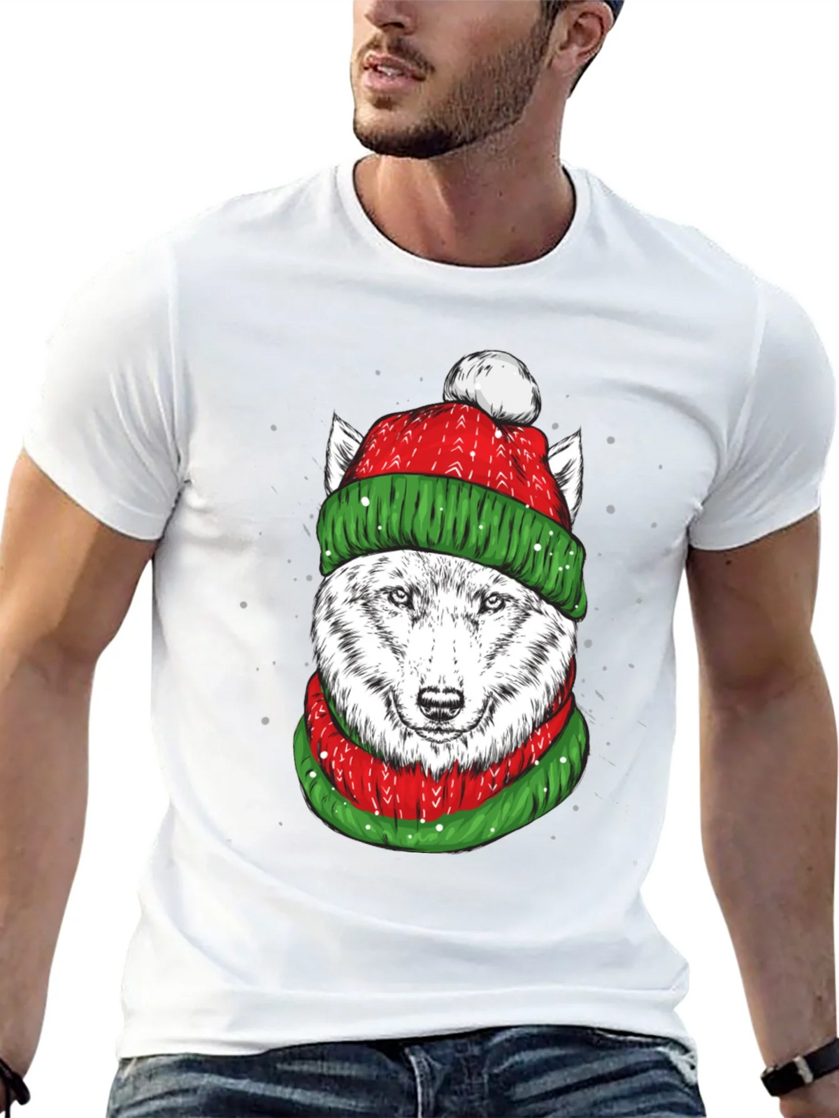 Festive Wolf Graphic Tee - Holiday Apparel