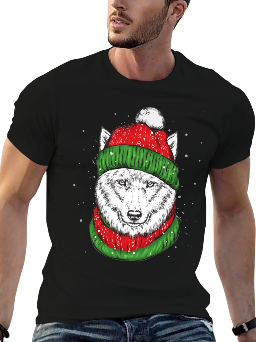 Festive Wolf Graphic Tee - Holiday Apparel
