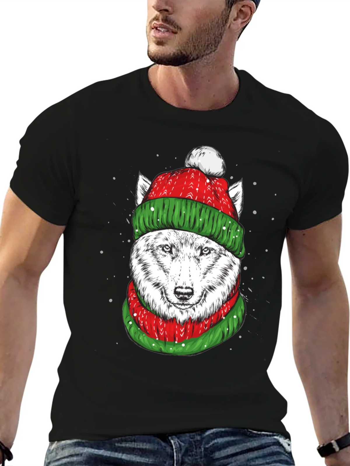 Festive Wolf Graphic Tee - Holiday Apparel