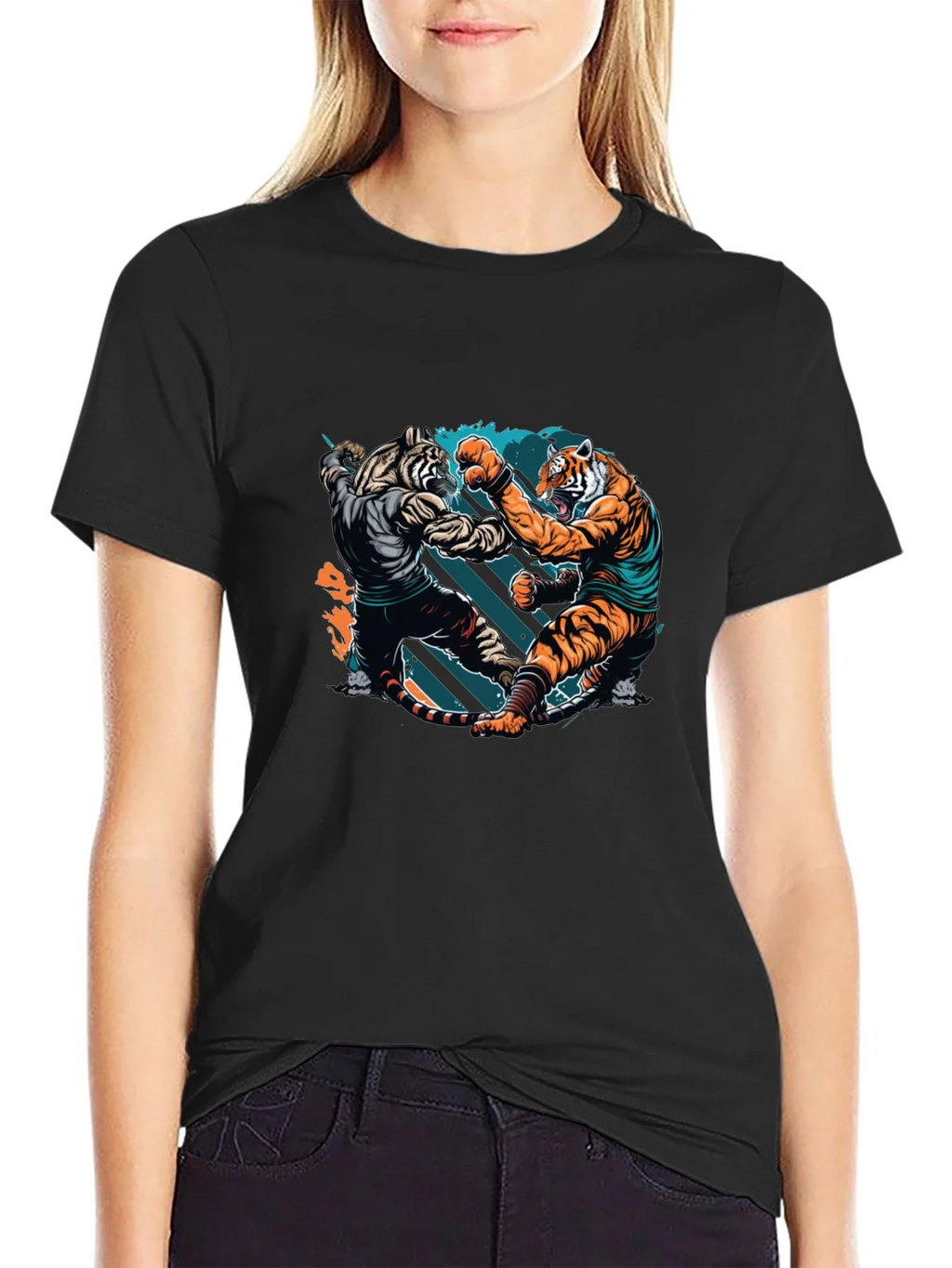 Tiger Fight Graphic Print Black T-Shirt product image 2