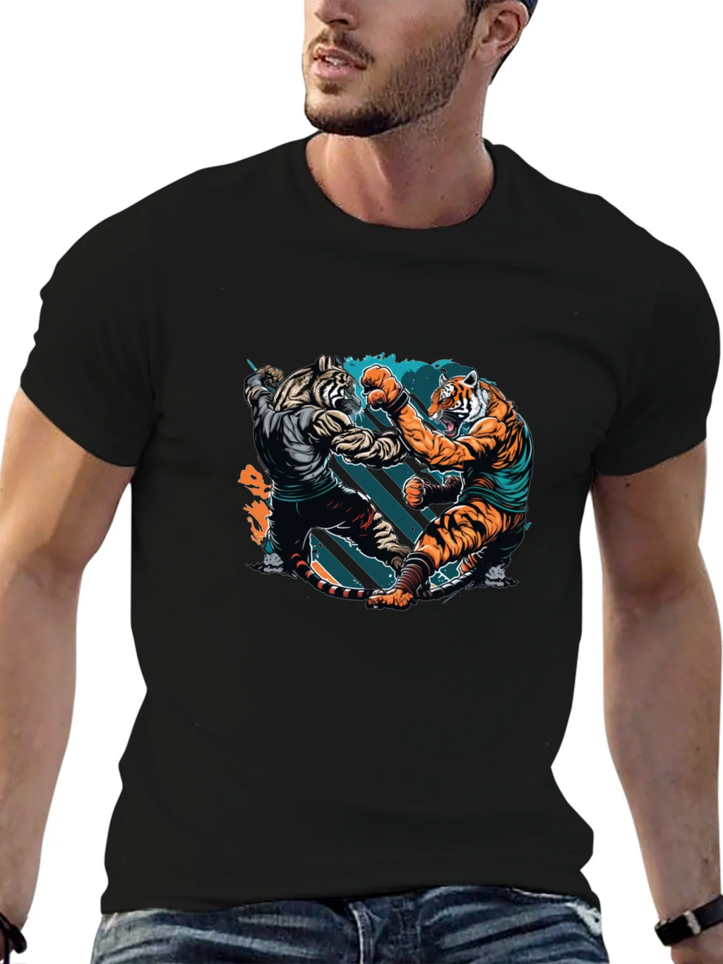 Tiger Fight Graphic Print Black T-Shirt product image 6