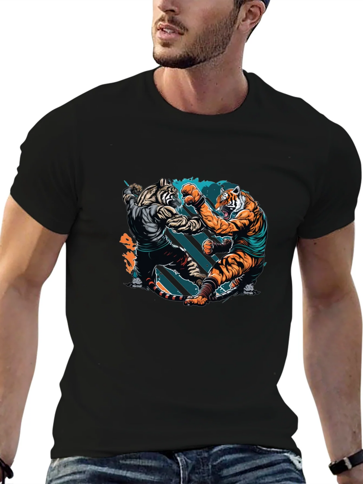 Tiger Fight Graphic Print Black T-Shirt product image 6