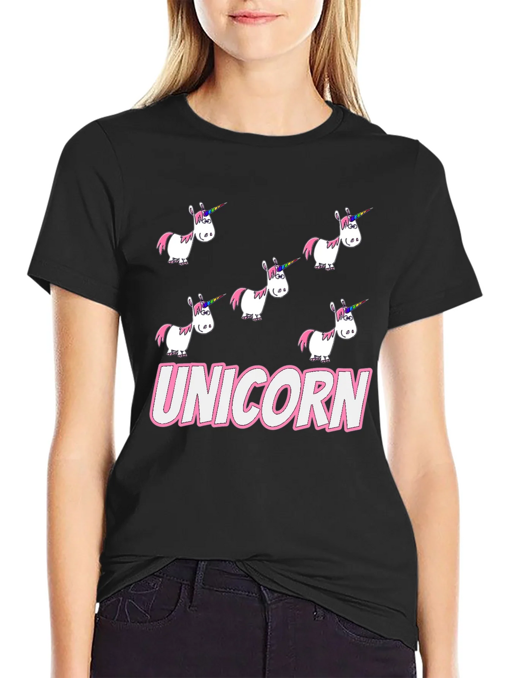 Unicorn Cartoon Print Black T-Shirt product image 2