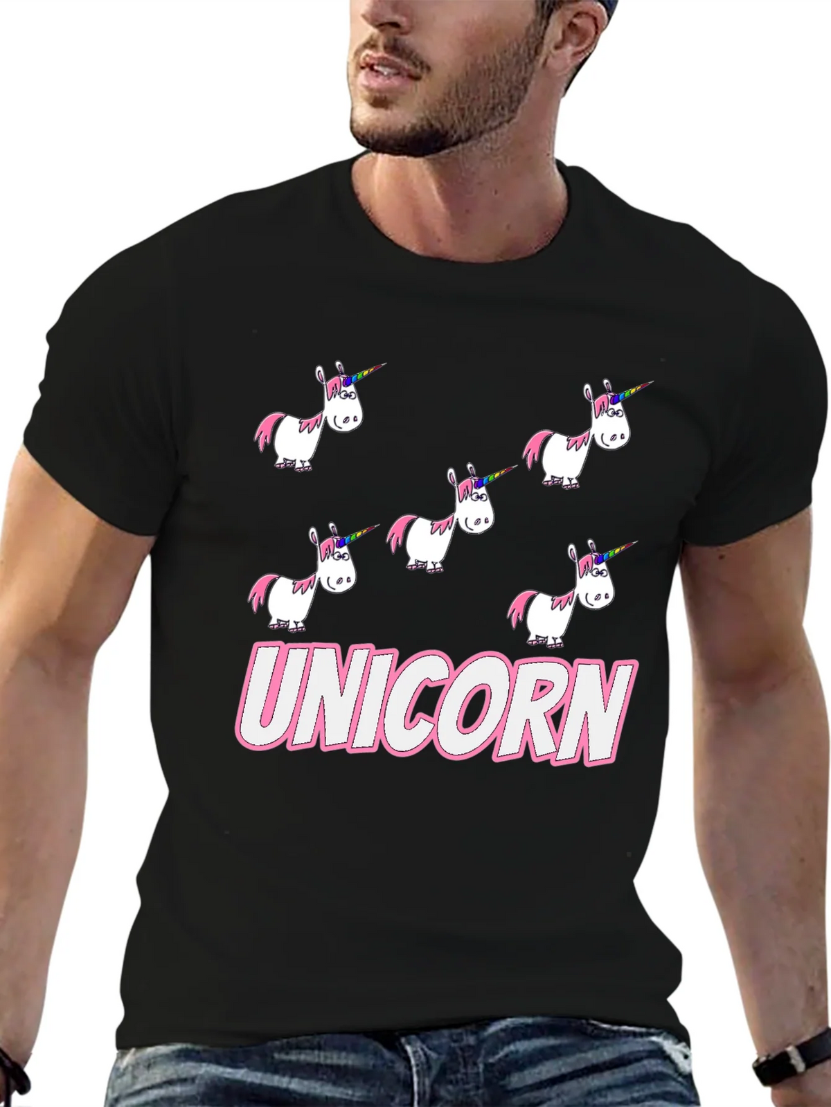 Unicorn Cartoon Print Black T-Shirt product image 6