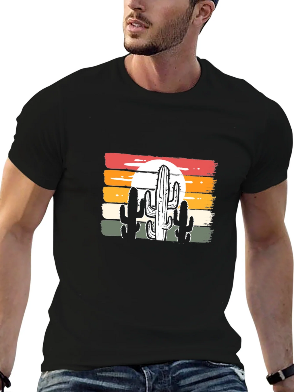 Retro Sunset Cactus Graphic Tee - Black Cotton Blend product image 6