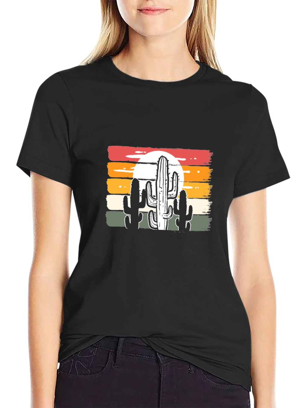 Retro Sunset Cactus Graphic Tee - Black Cotton Blend product image 2