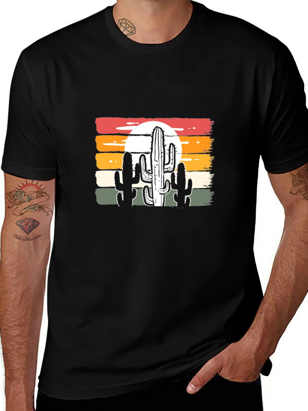 Retro Sunset Cactus Graphic Tee - Black Cotton Blend product image 1