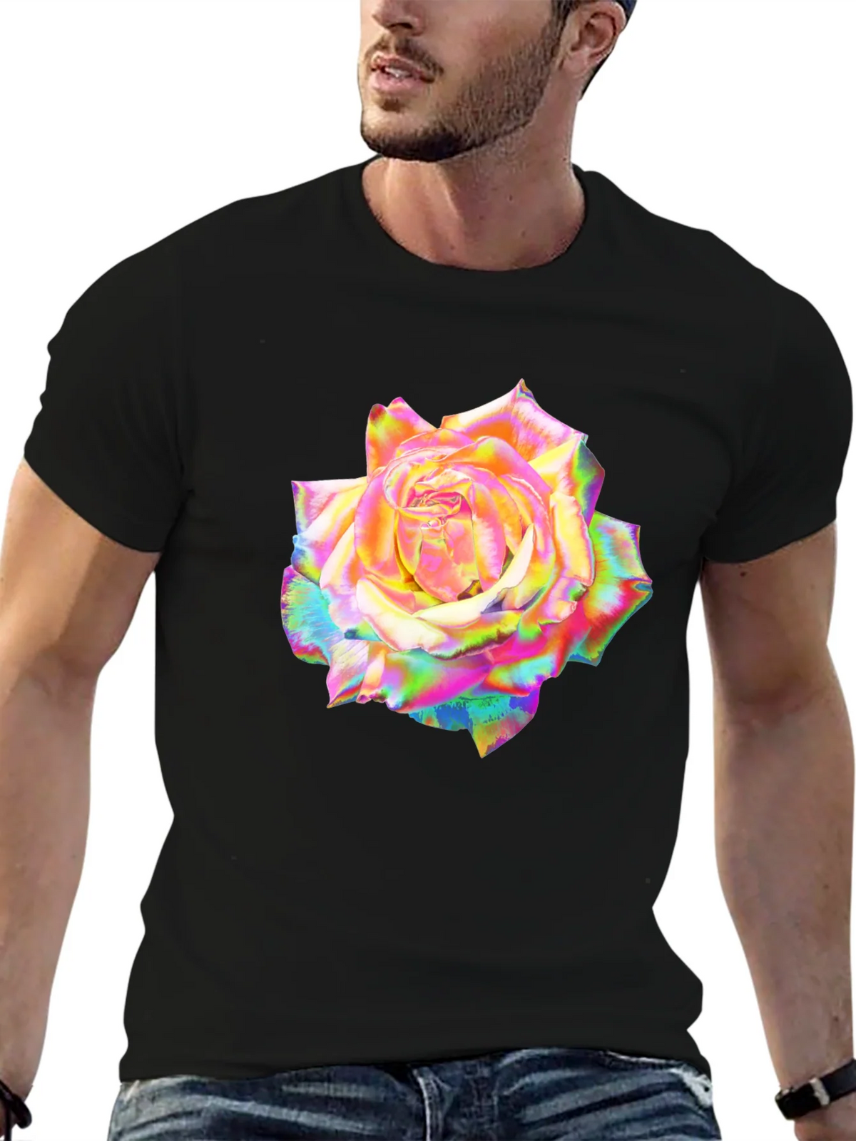 Rainbow Rose Graphic Black T-Shirt product image 6