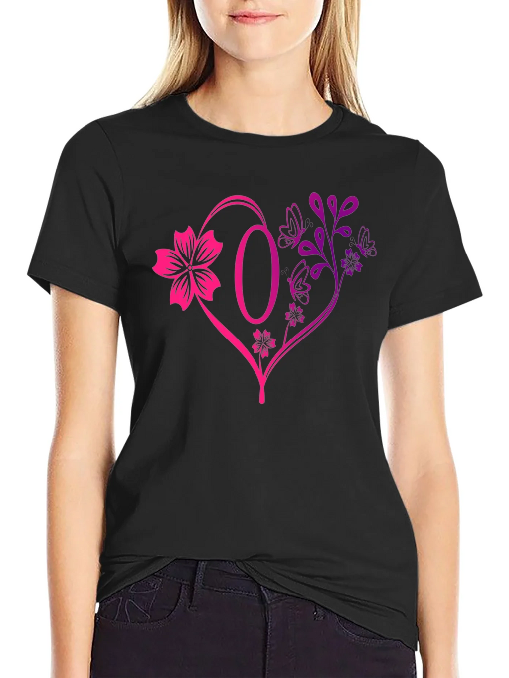 Floral Heart Initial T-Shirt - Personalized Letter O Design product image 2