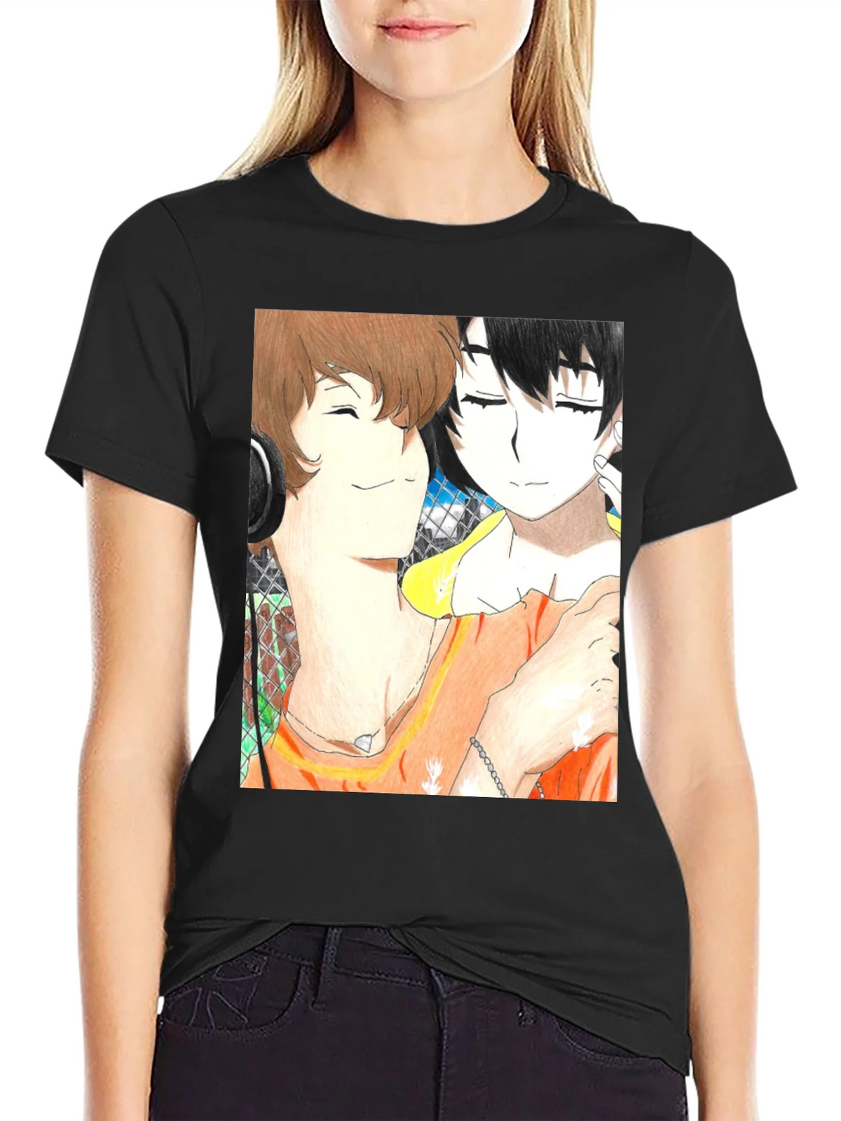 Anime Couple Graphic Tee - Soft Black Cotton product image 2