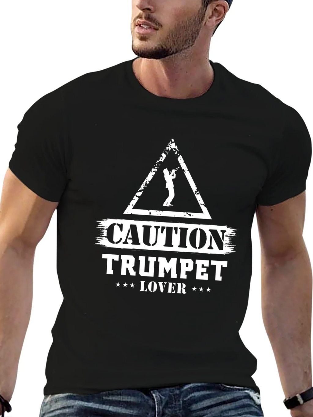 Caution Trumpet Lover Graphic T-Shirt - Black product image 6