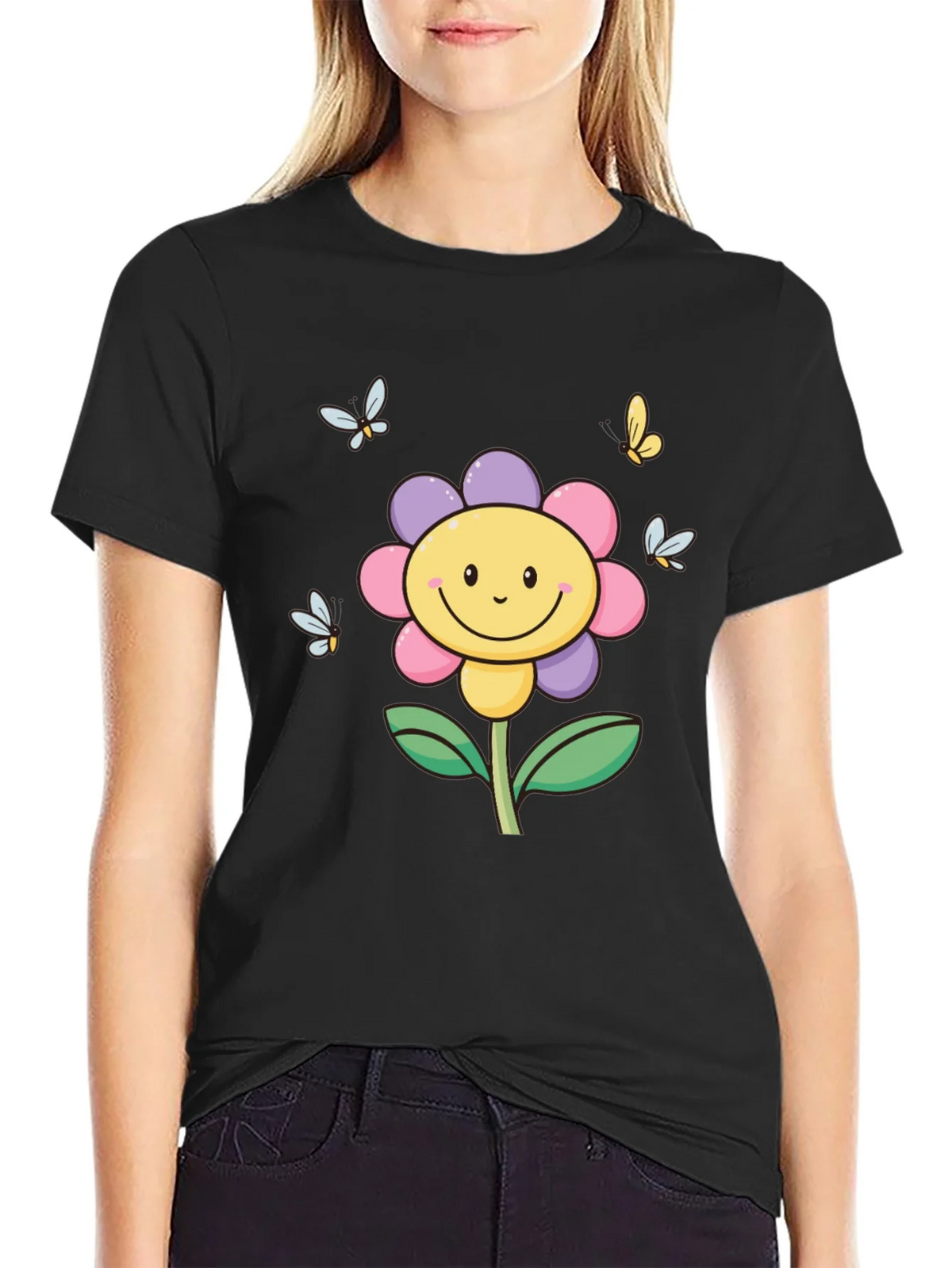 Happy Flower Graphic Tee - Black T-Shirt product image 2