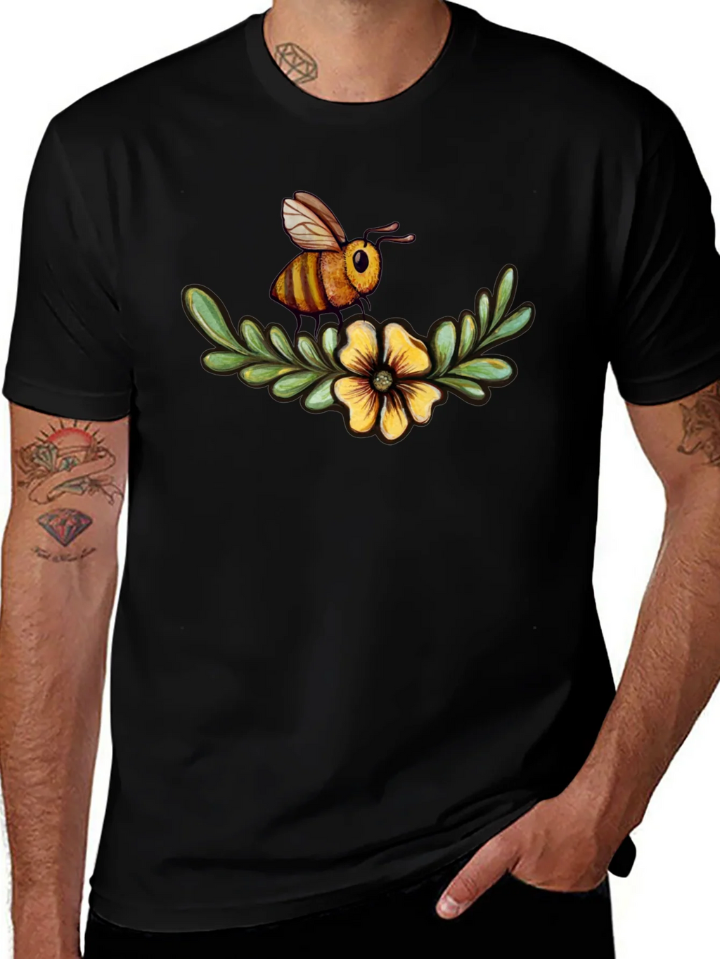 Bee & Flower Graphic Tee - Black Cotton Comfort product image 1