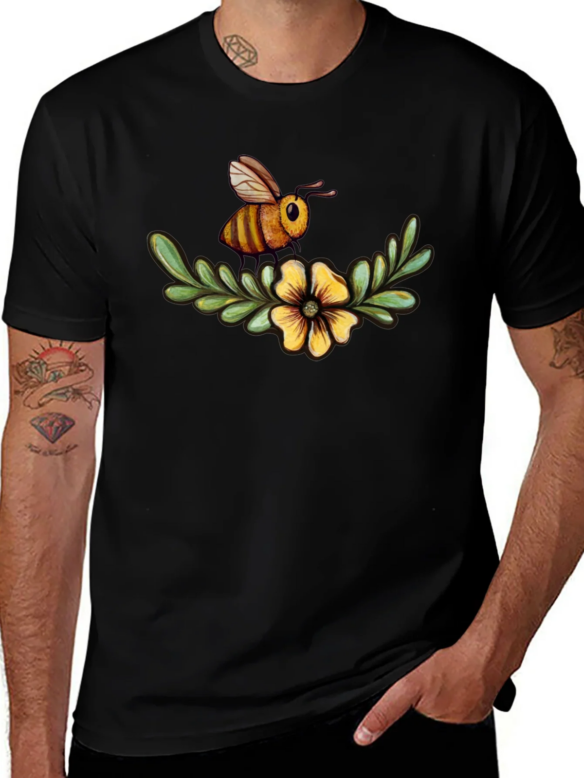 Bee & Flower Graphic Tee - Black Cotton Comfort product image 1