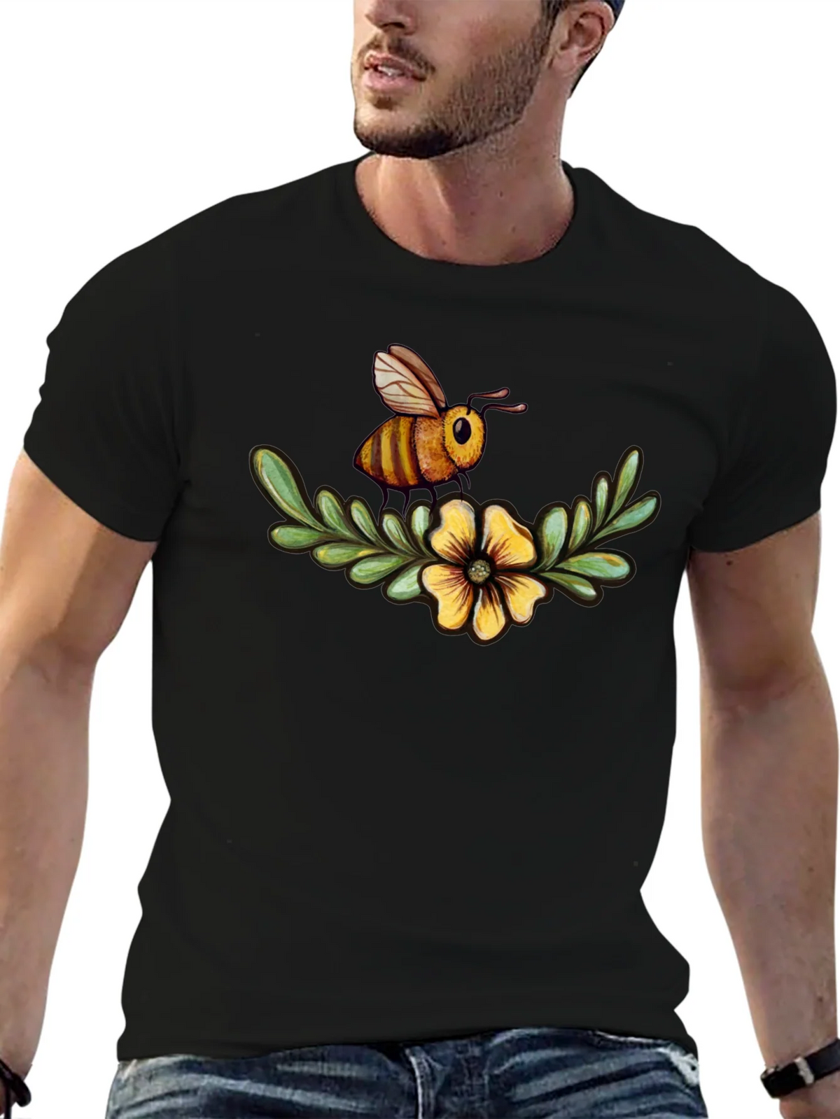 Bee & Flower Graphic Tee - Black Cotton Comfort product image 6