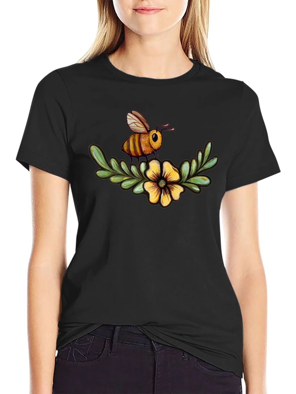 Bee & Flower Graphic Tee - Black Cotton Comfort product image 2