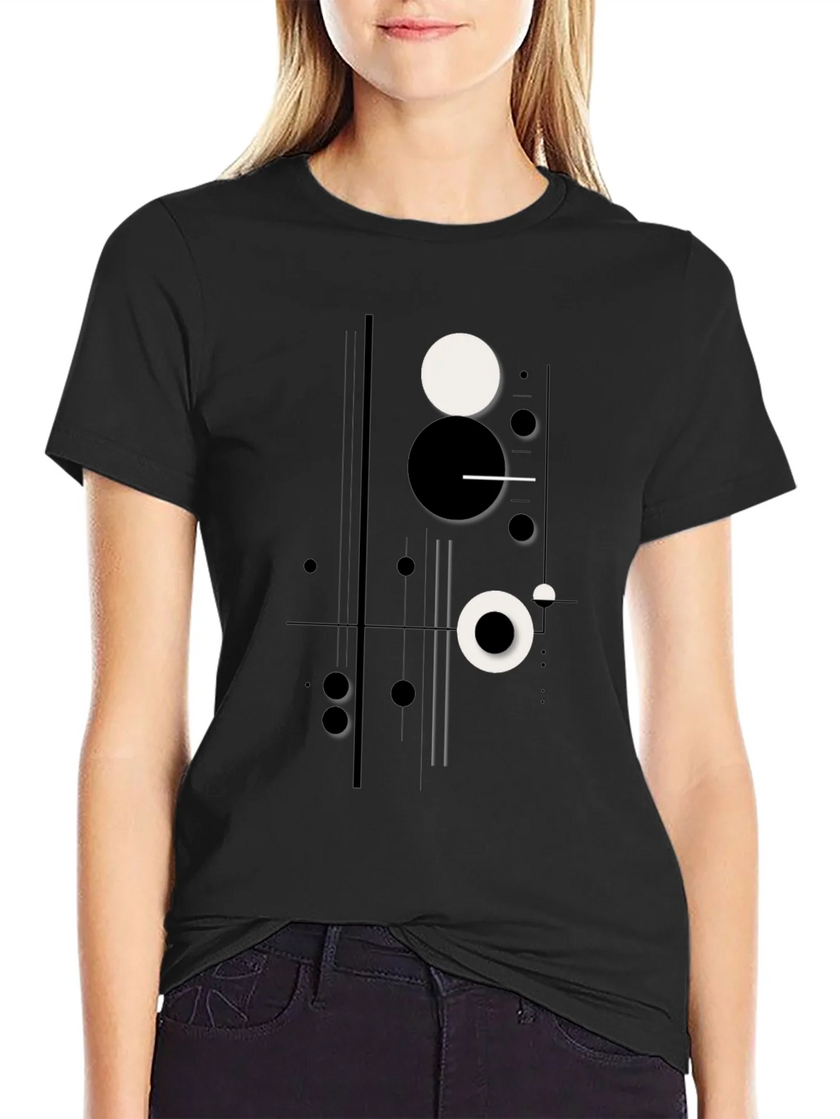Abstract Geometric Circle Print Black T-Shirt product image 2