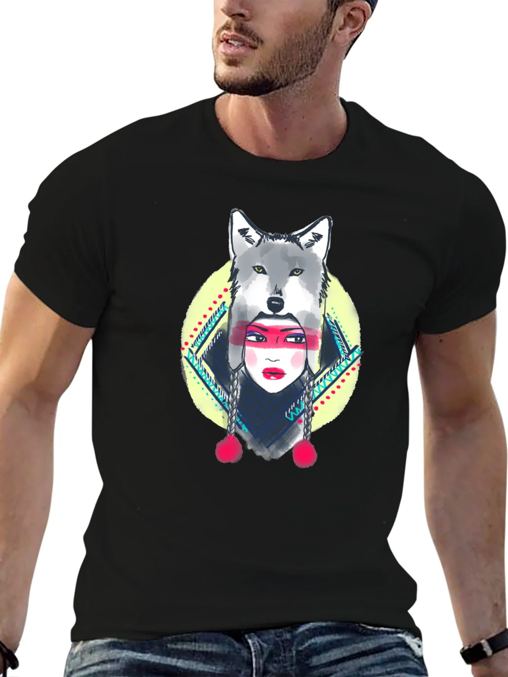 Wolf Headdress Graphic Tee - Black Cotton T-Shirt product image 4